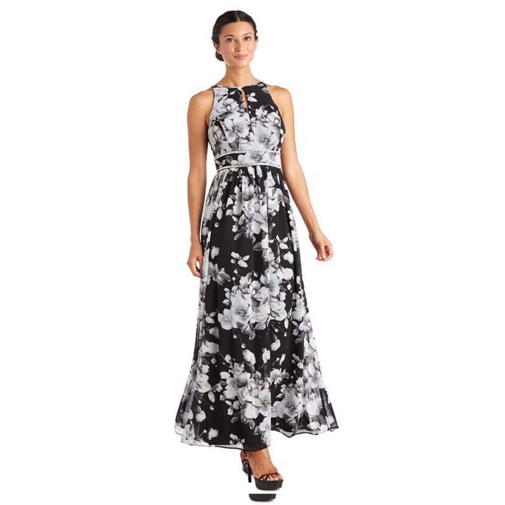 R & M Richards Women's Floral-Print Halter Gown -blackwhite with rhinestones SZ6